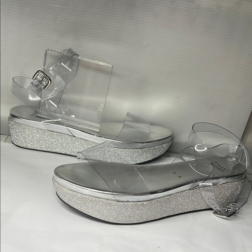 Stuart Weitzman Sz 9 Clear and Silver Glitter Platform Ankle Sandals